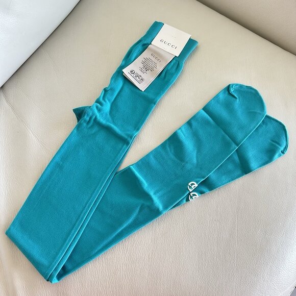 NEW GUCCI TIGHTS BLUE WHITE LOGO GG Sz M 100% Authentic - Picture 2 of 6
